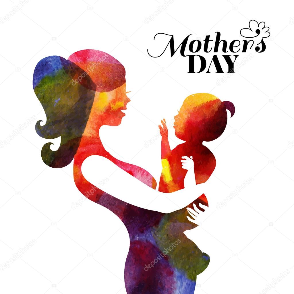 Watercolor mother silhouette with her baby. Card of Happy Mothers Day. Vector illustration with beautiful woman and child