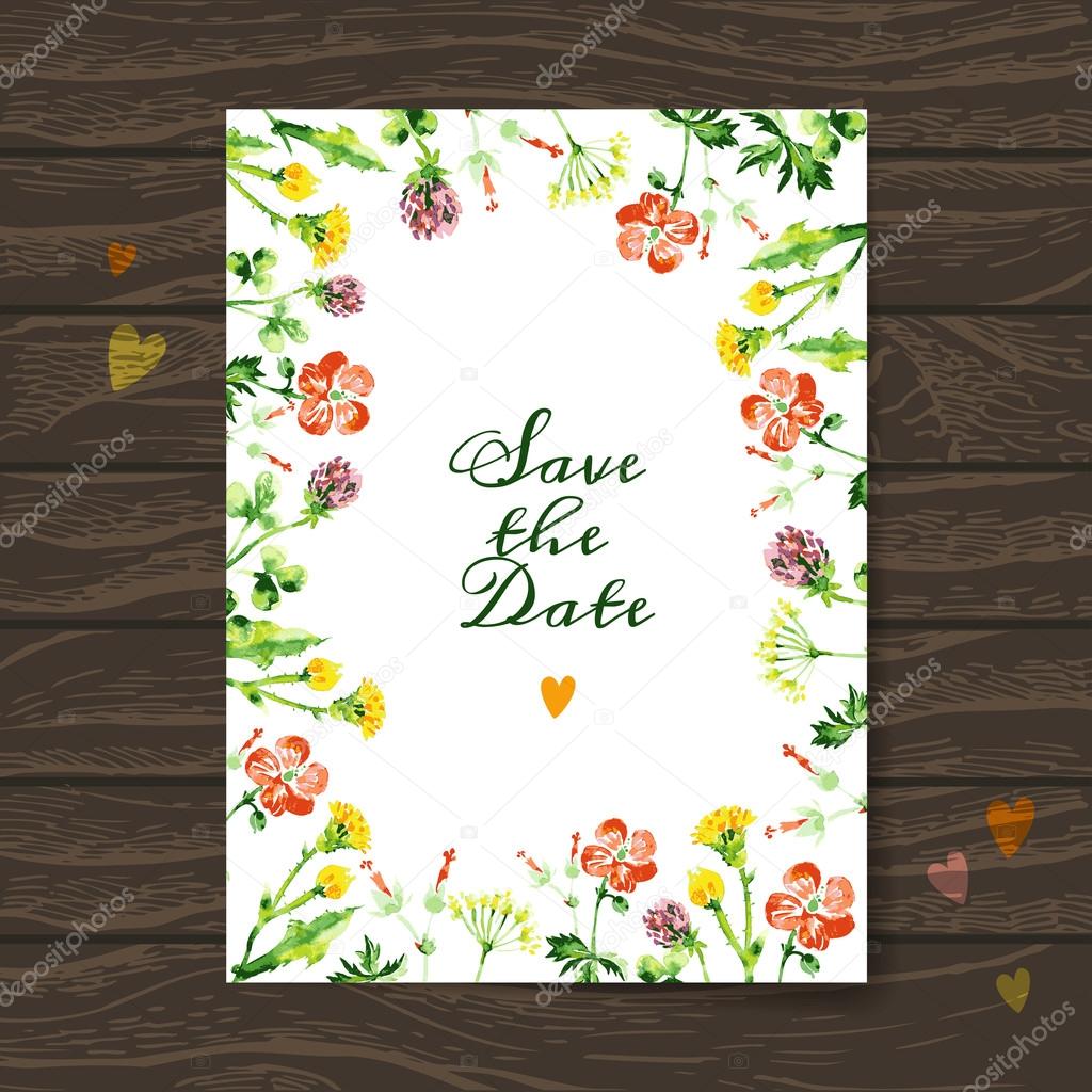 Save the date love card with watercolor floral bouquet.