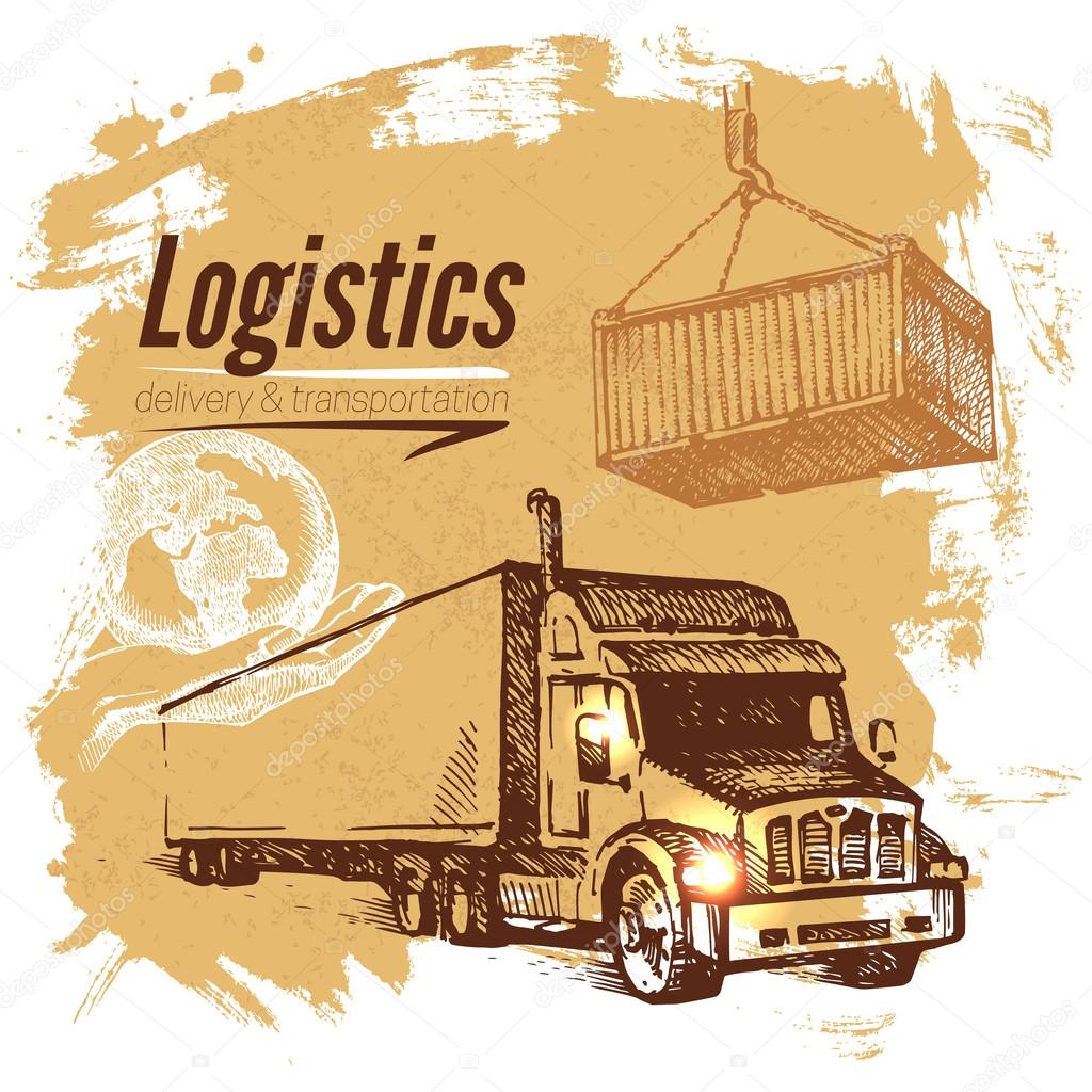 Sketch logistics and delivery background. Hand drawn vector illustration