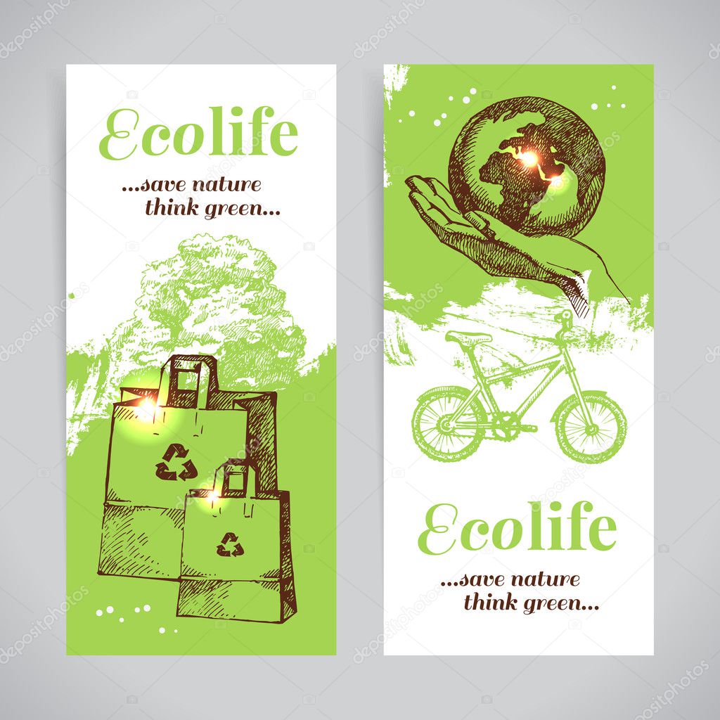 Set of sketch ecology banners. Hand drawn vector illustration