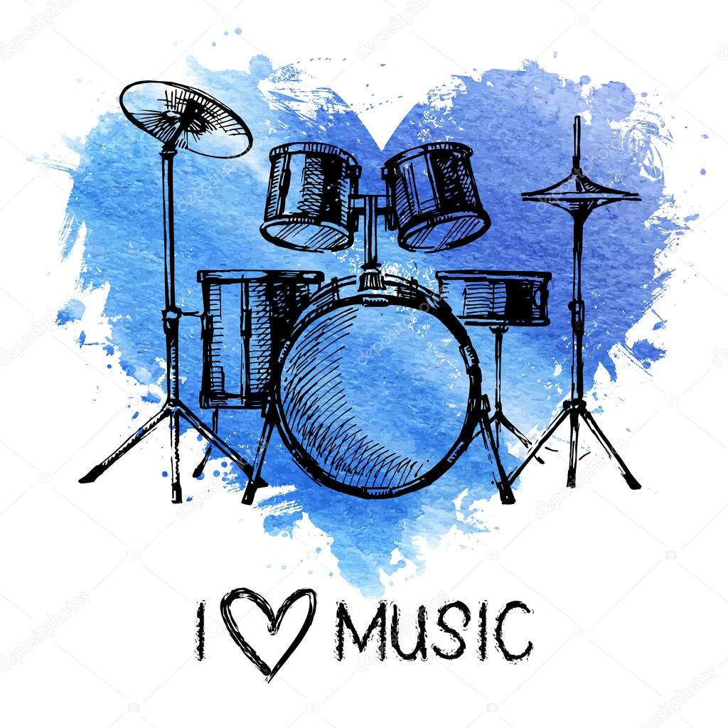 Music background with splash watercolor heart and sketch