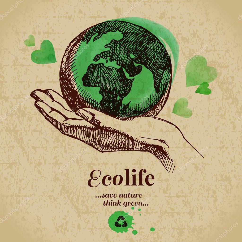 Sketch watercolor ecology poster. Hand drawn vector illustration