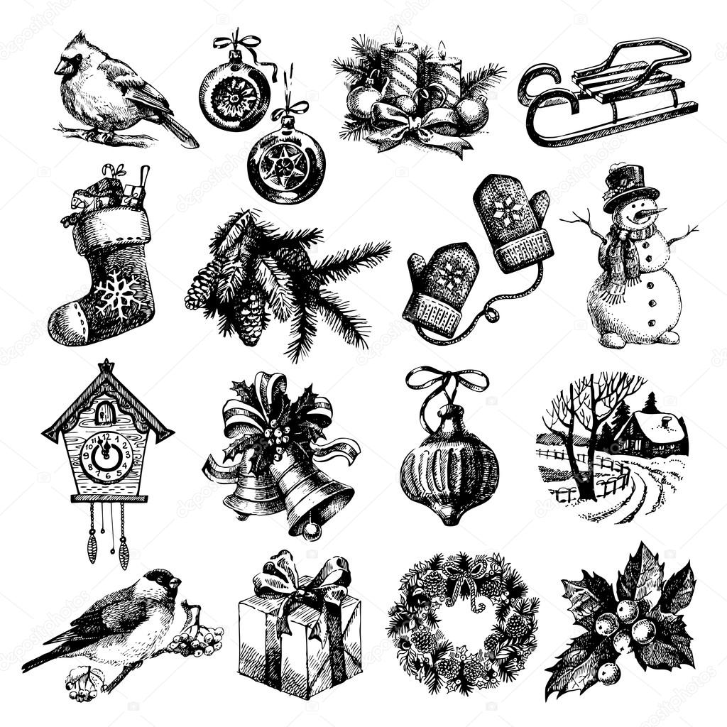Hand drawn sketch Merry Christmas and Happy New Year set. Vector illustration