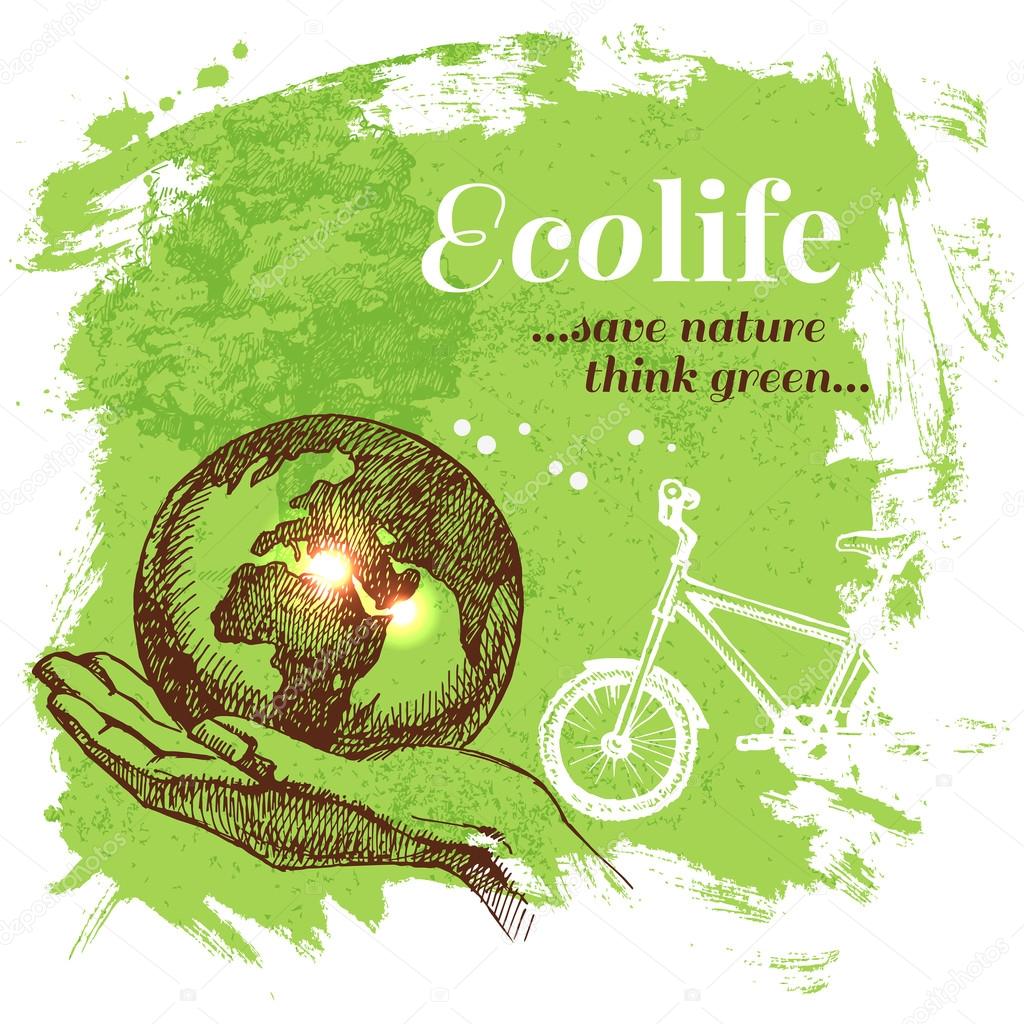 Sketch ecology background. Hand drawn vector illustration