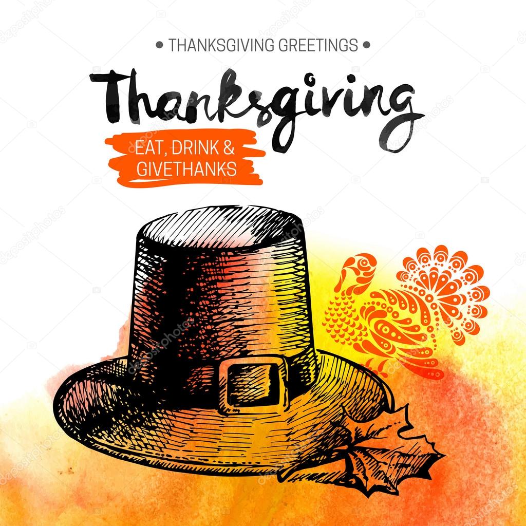 Thanksgiving Day background. Typographic poster. Hand drawn sketch and watercolor vector illustration