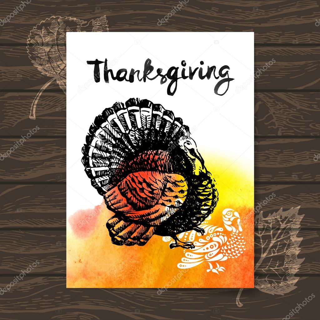 Thanksgiving Day card. Hand drawn sketch and watercolor vector illustration