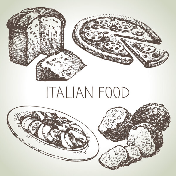 Hand drawn sketch Italian food set.