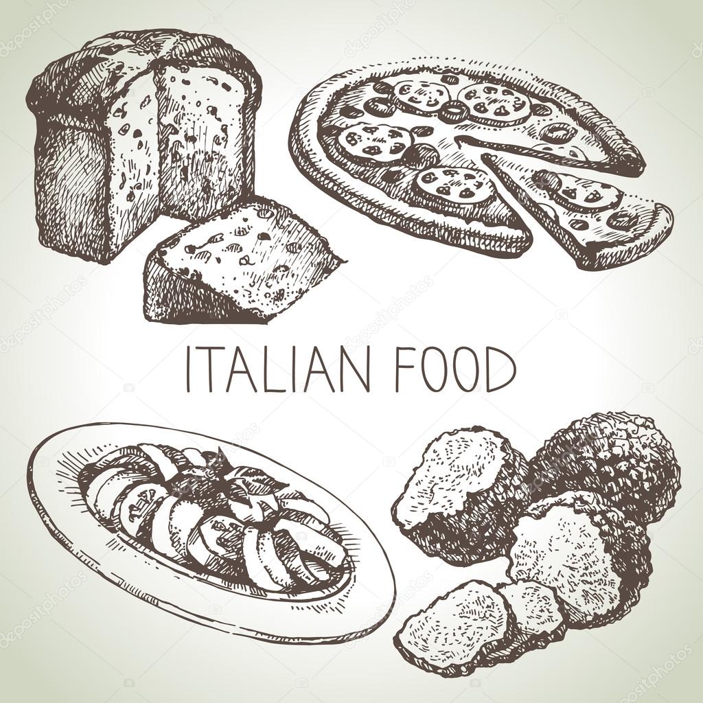 Hand drawn sketch Italian food set.