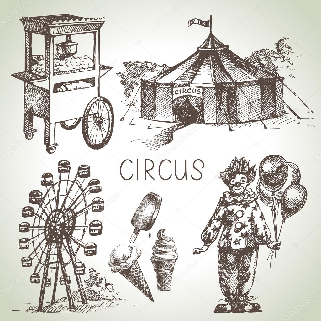 Hand drawn sketch circus and amusement vector illustrations