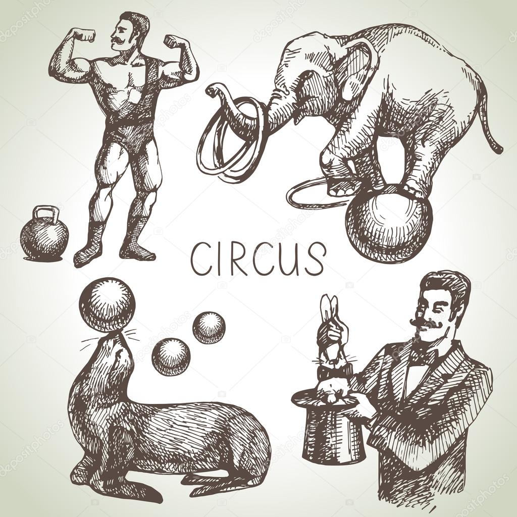 Hand drawn sketch circus and amusement vector illustrations. Vintage icons