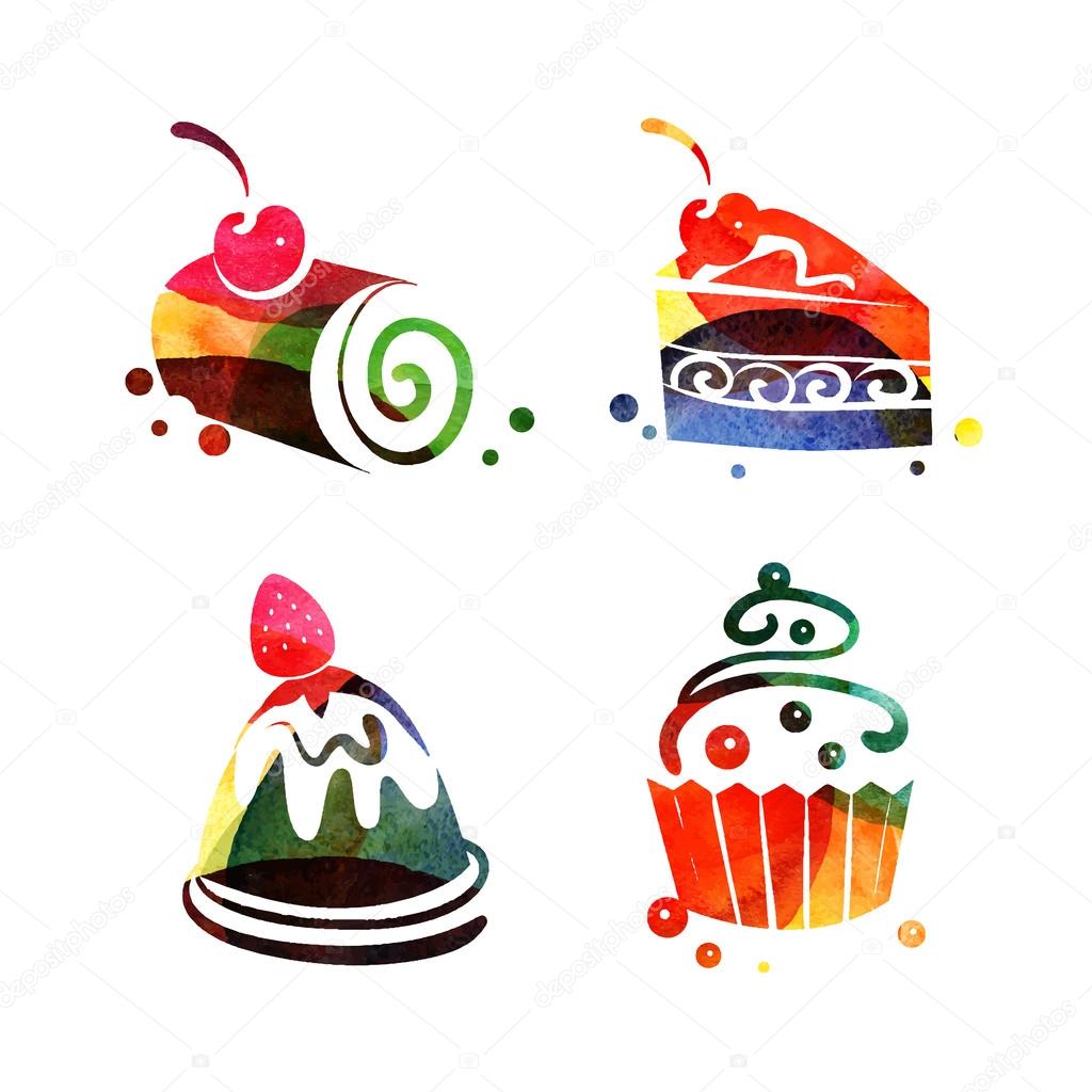 Set of watercolor sweet cakes silhouettes. Vector tea time illustration