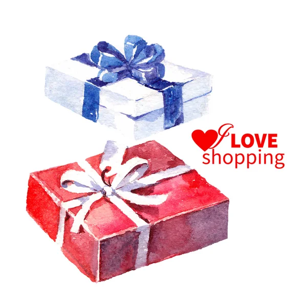 Watercolor painting gift boxes with bows. — Stock Vector © pimonova 80007262