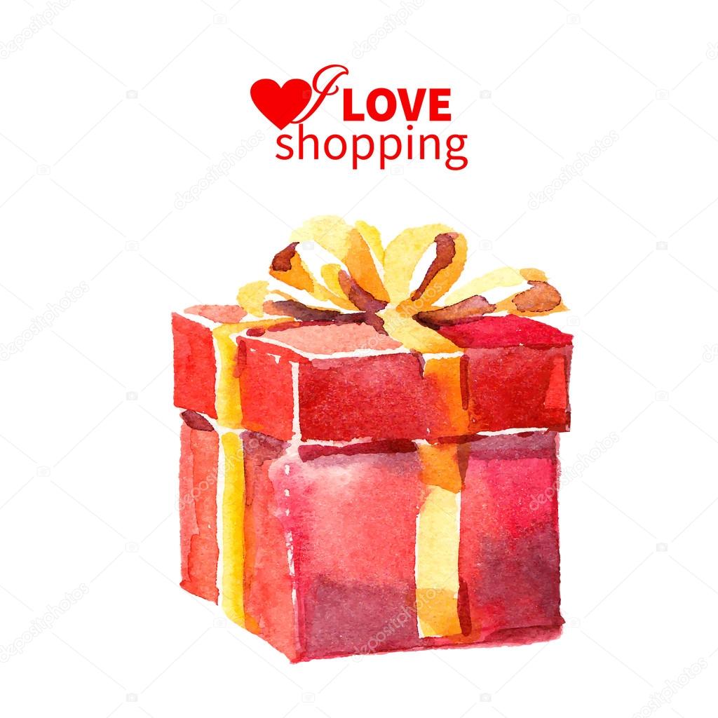 Watercolor painting gift box with bow. Vector illustration