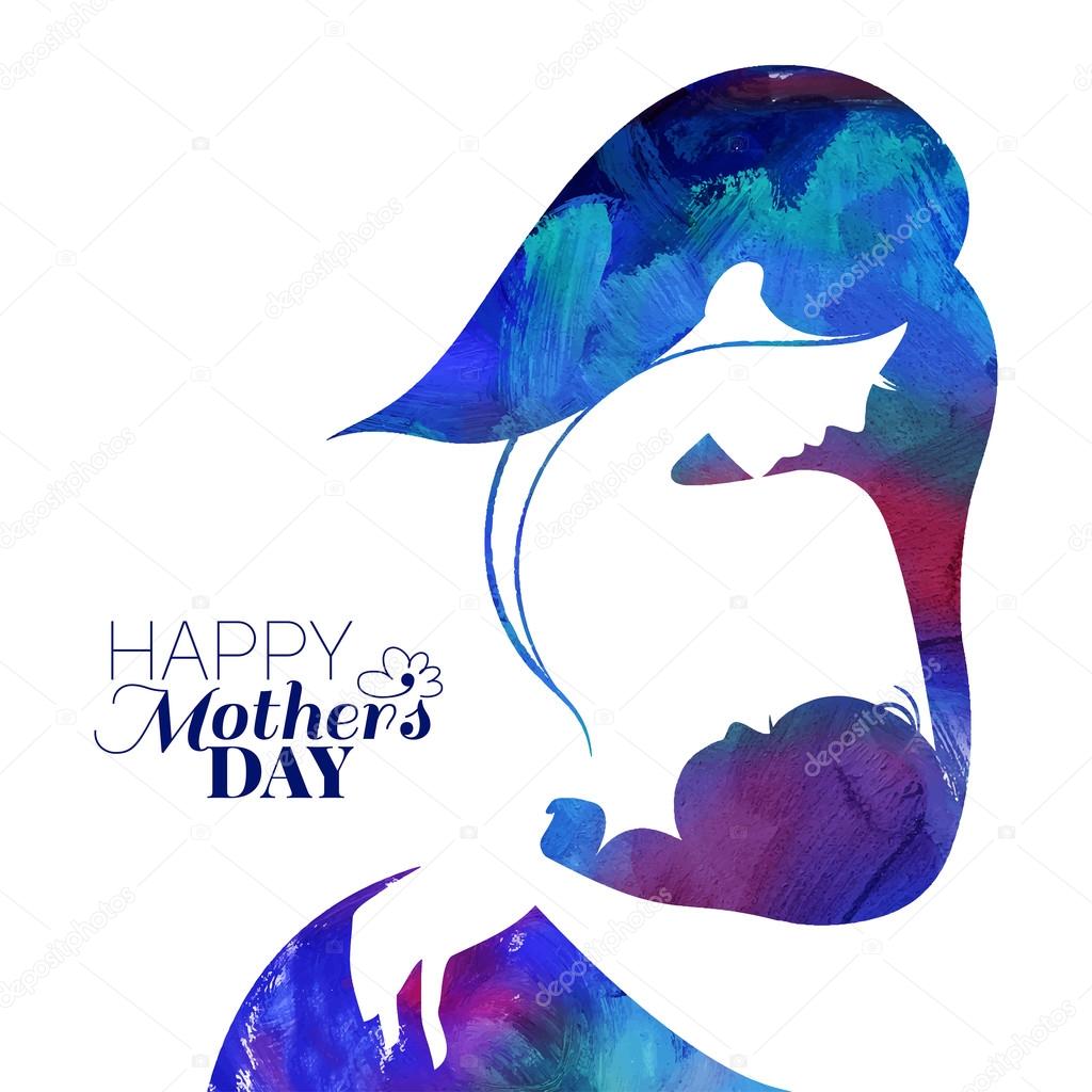 Acrylic painting mother silhouette with her baby. Card of Happy Mothers Day. Vector illustration with beautiful woman and child