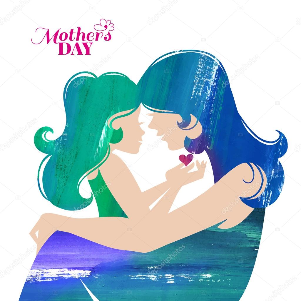 Acrylic painting mother silhouette with her daughter. Card of Happy Mothers Day. Vector illustration with beautiful woman and child