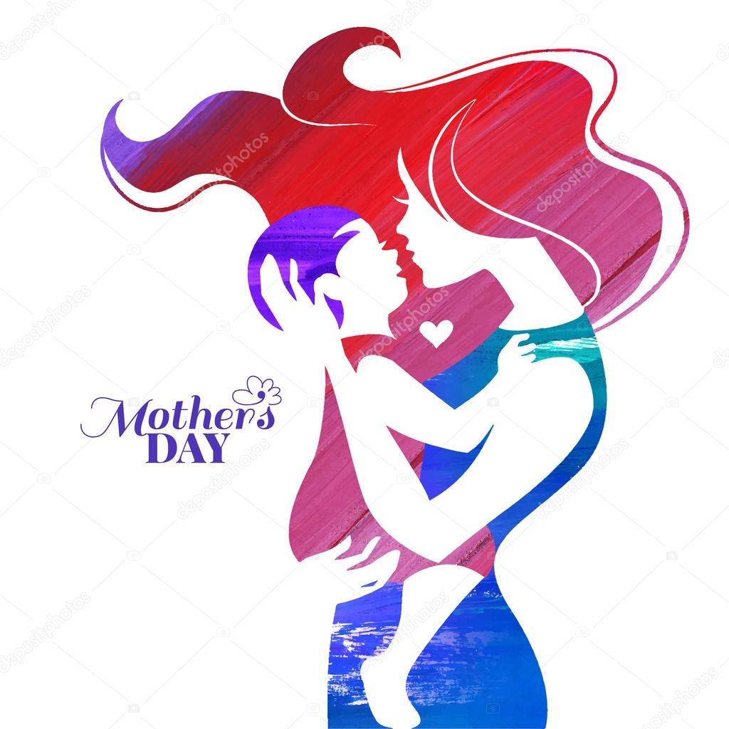 Acrylic painting mother silhouette with her baby. Card of Happy Mothers Day. Vector illustration with beautiful woman and child