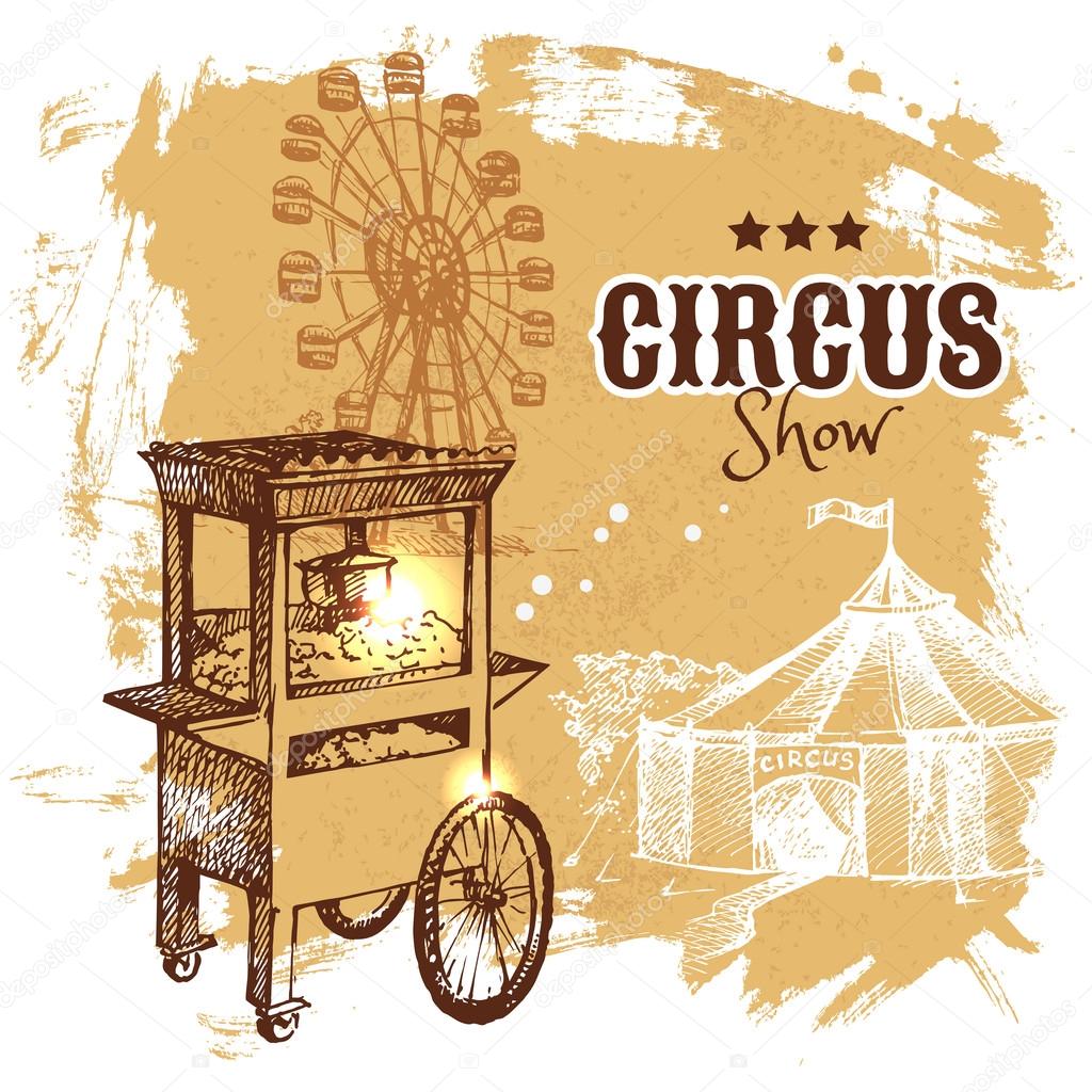 Hand drawn sketch circus and amusement vector illustration. Carnival vintage poster background
