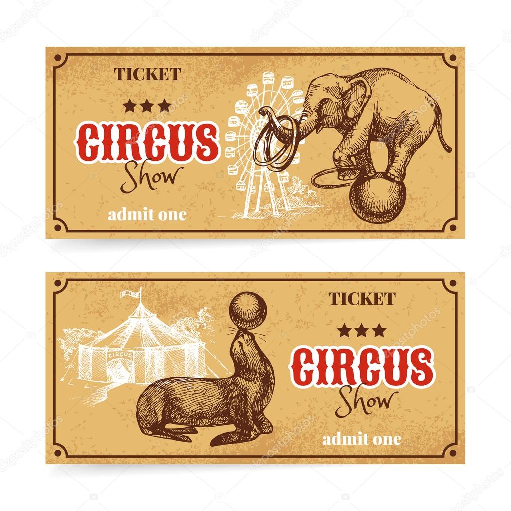 Vintage circus show ticket set. Hand drawn sketch vector illustration