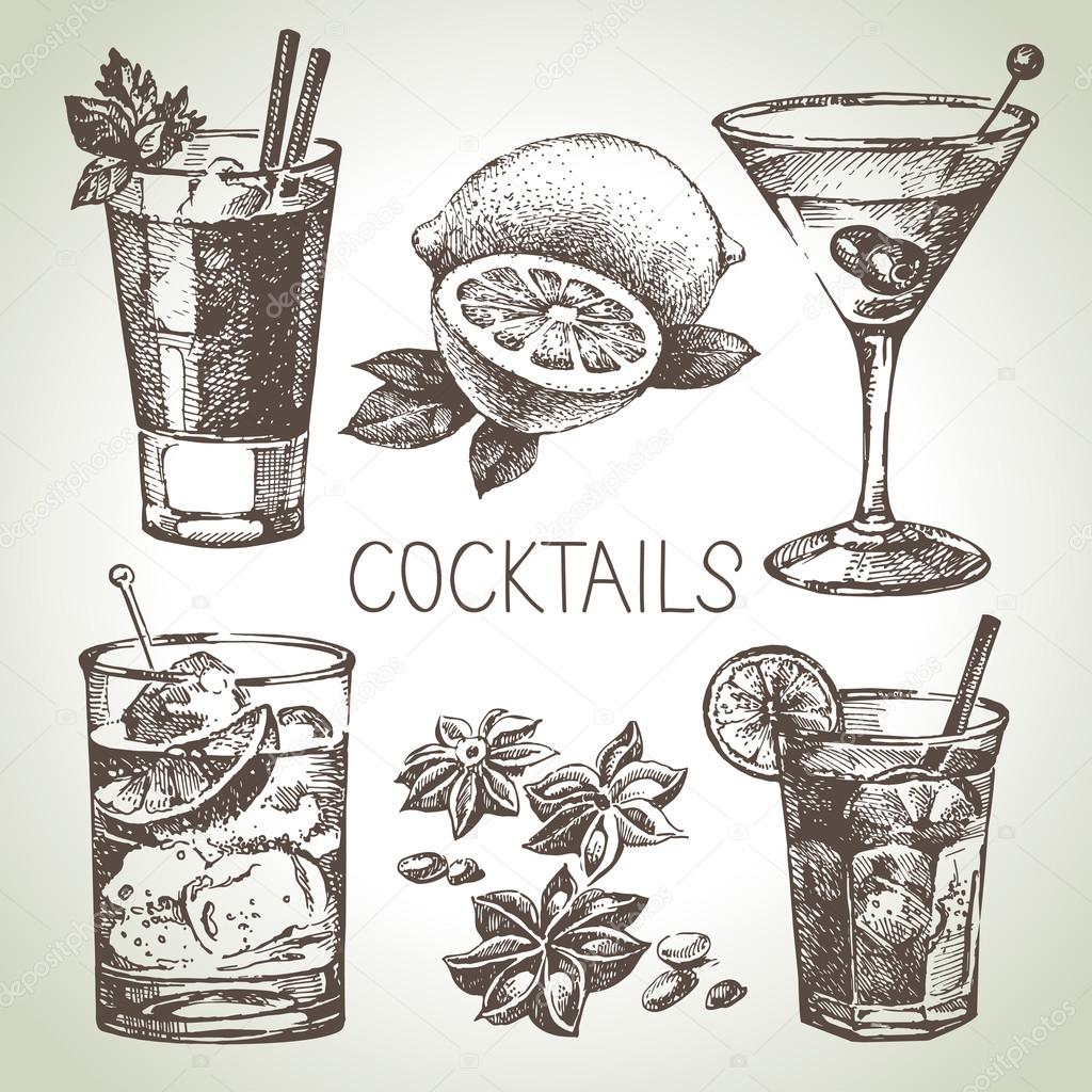 set of alcoholic cocktails