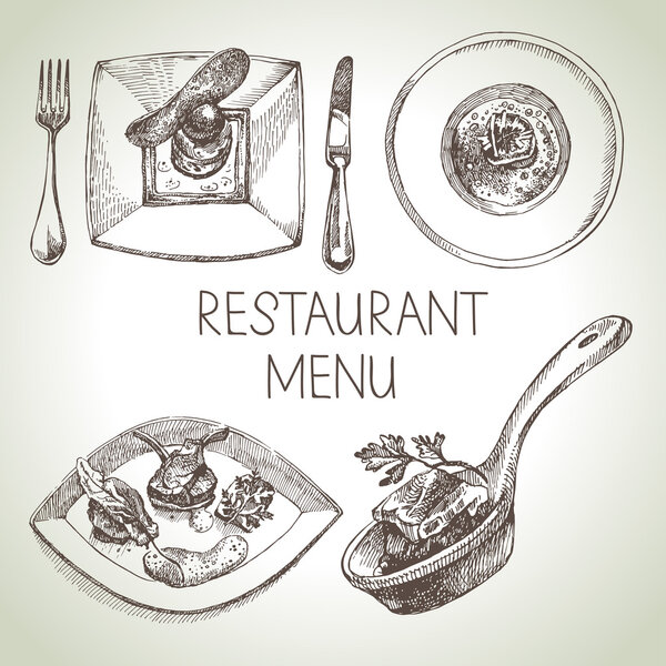 Hand drawn sketch restaurant food set.