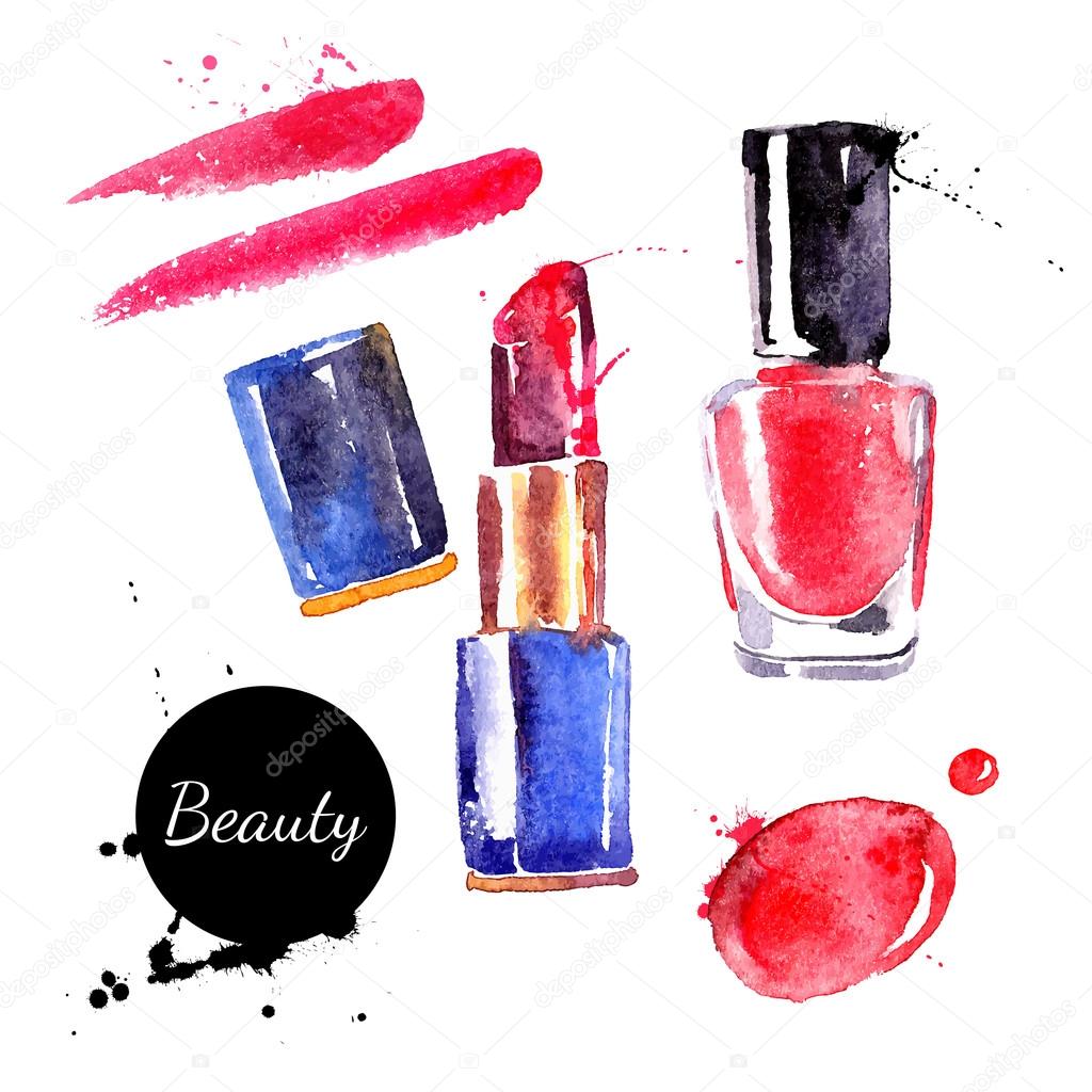 Watercolor cosmetics set. Hand painted make up objects: lipstic and nail polish. Vector beauty illustration