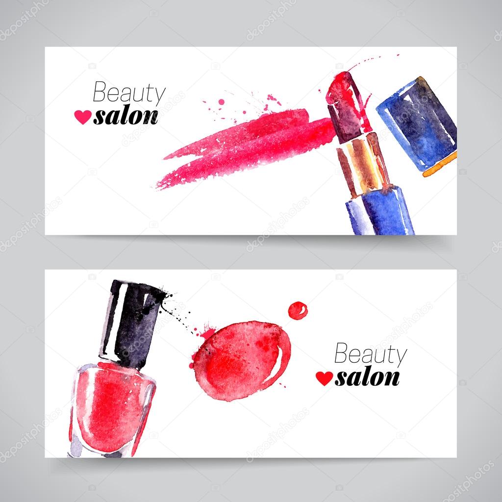 Watercolor cosmetics banner set. Vector beauty illustration