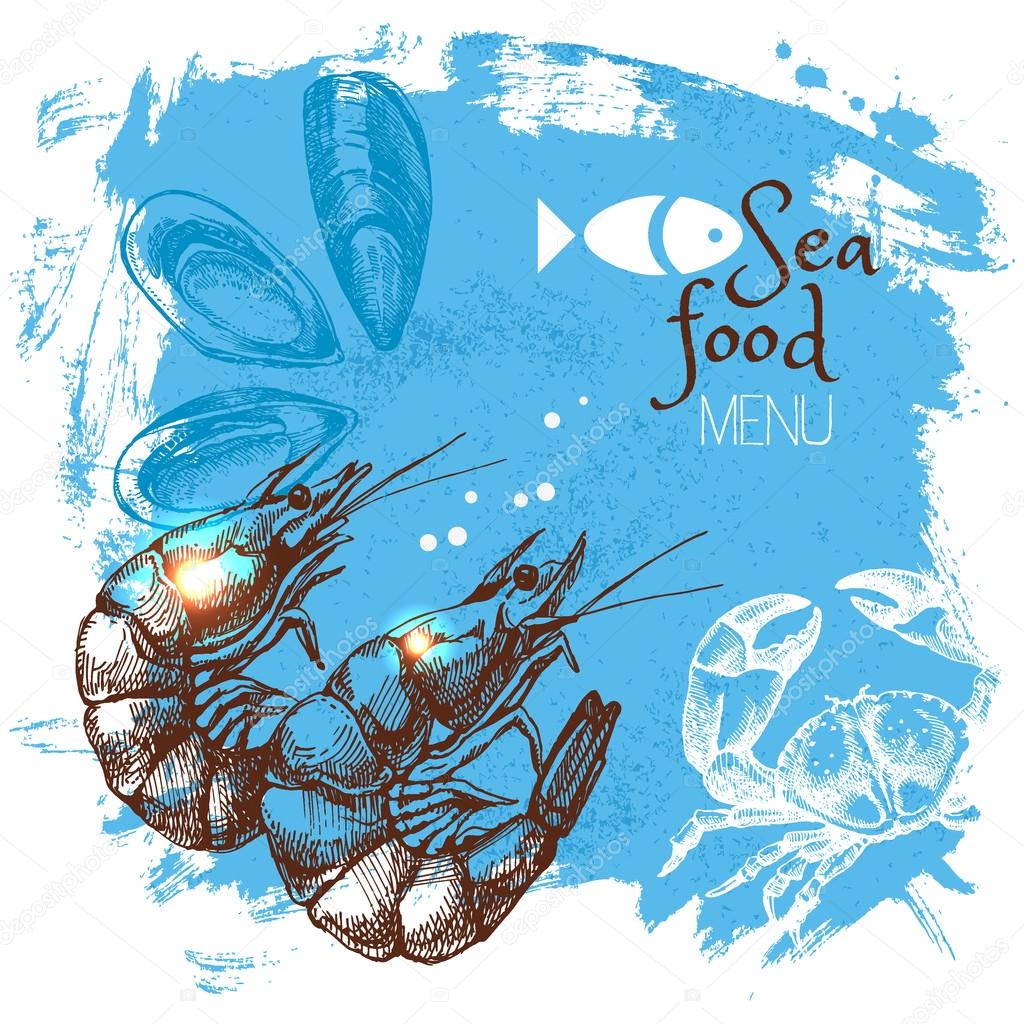 Hand drawn sketch seafood vector illustration. Sea poster background. Menu design
