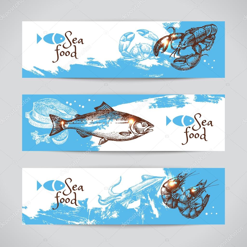 Hand drawn sketch seafood  banners.