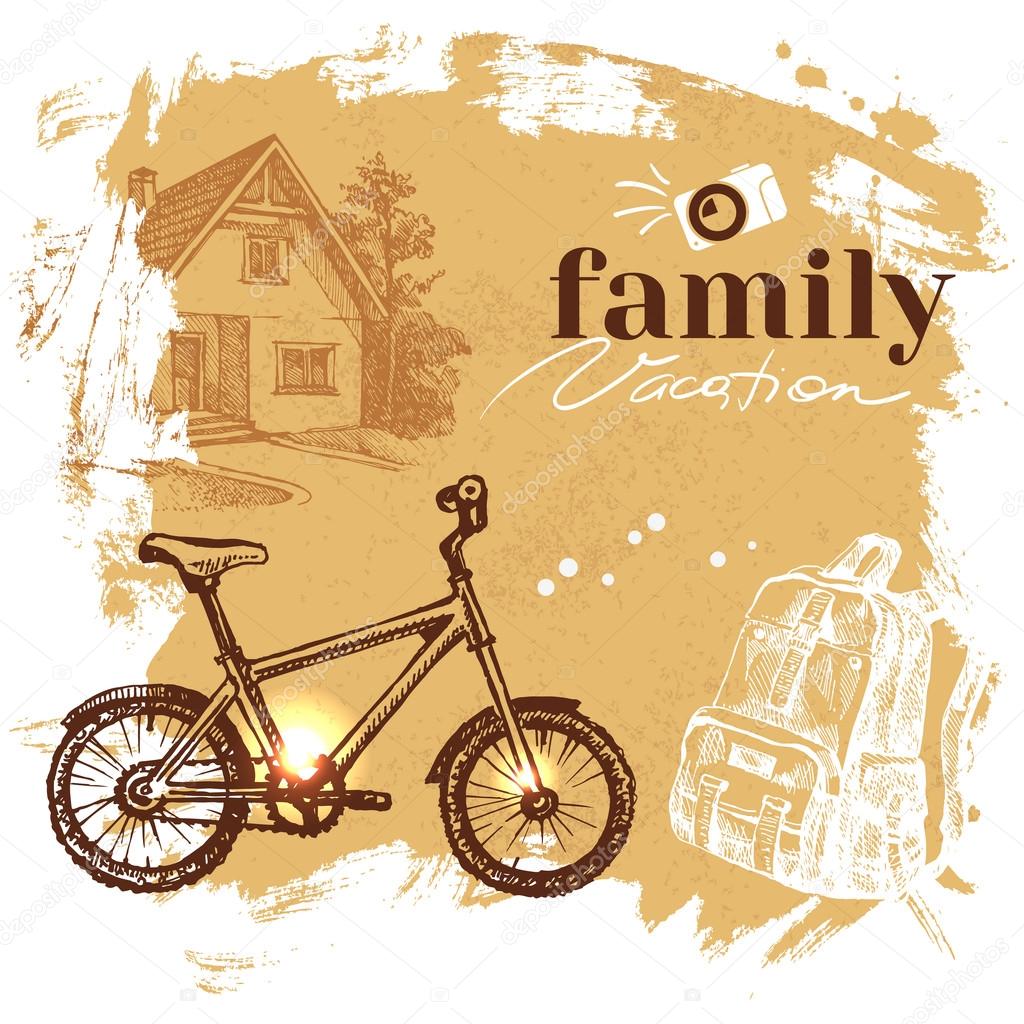 Vintage hand drawn sketch family vacation background. Getaway poster. Vector illustration