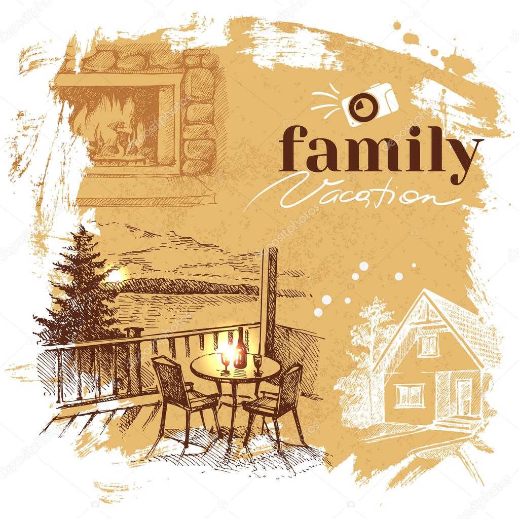 Vintage hand drawn sketch family vacation background. Getaway poster. Vector illustration