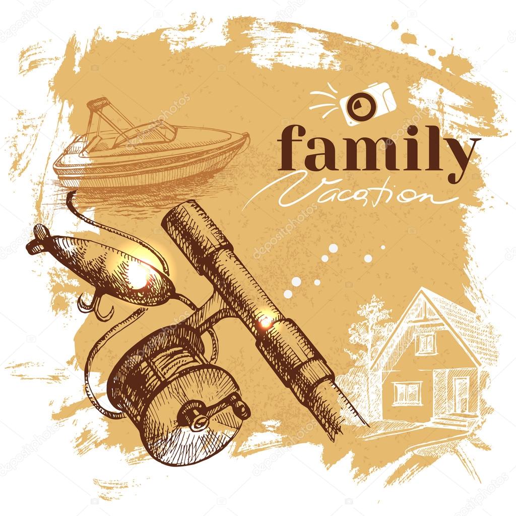 Vintage hand drawn sketch family vacation background. Getaway poster. Vector illustration