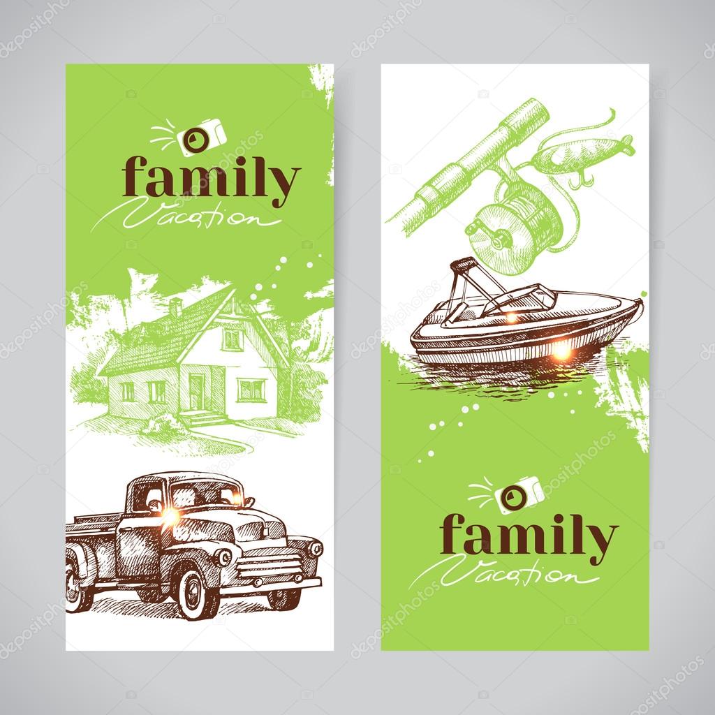 Family vacation vintage banner set with hand drawn sketch vector illustrations