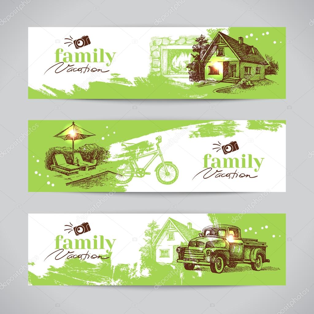 Family vacation vintage banner set with hand drawn sketch vector illustrations