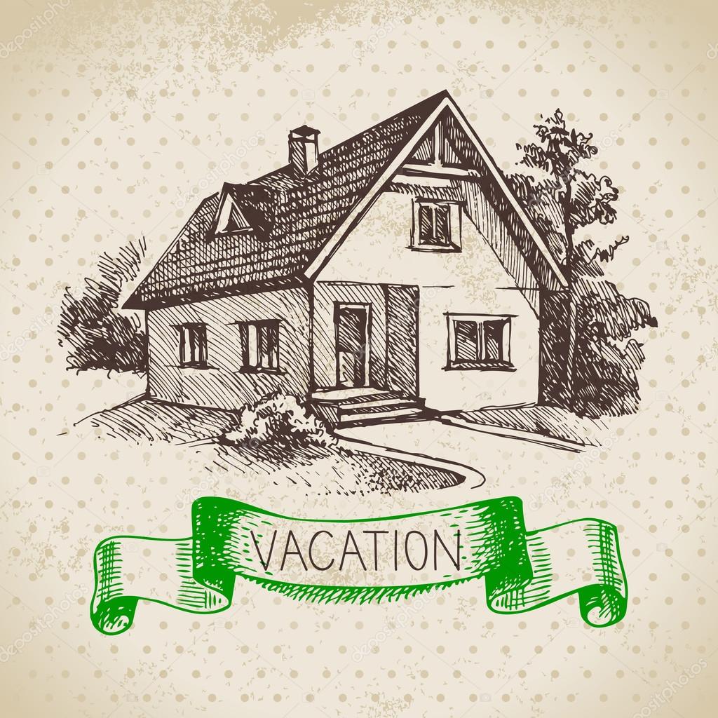 Vintage hand drawn sketch family vacation background. Getaway poster. Vector illustration