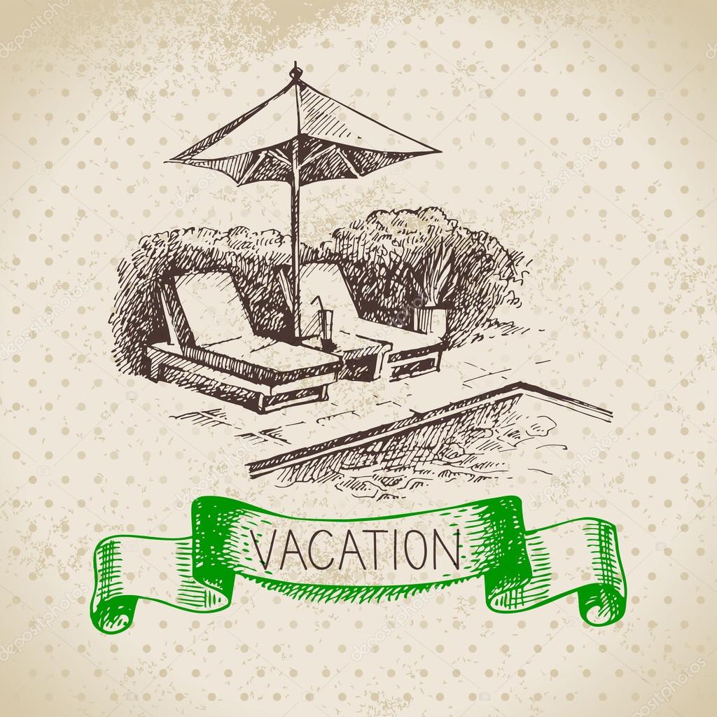 Vintage hand drawn sketch family vacation background. Getaway poster. Vector illustration