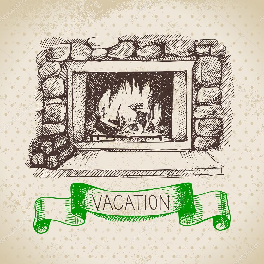 Vintage hand drawn sketch family vacation background. Getaway poster. Vector illustration