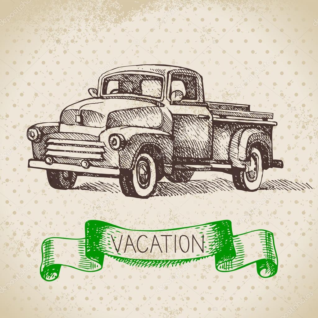 Vintage hand drawn sketch family vacation background. Getaway poster. Vector illustration