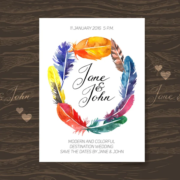 Carte d'invitation de mariage avec plumes d'aquarelle . — Image vectorielle