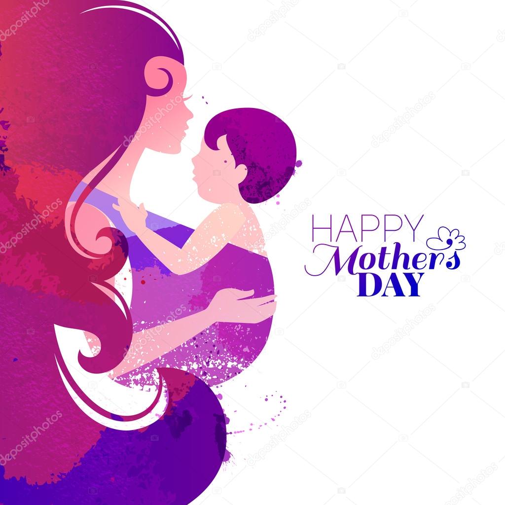 Vector watercolor effect illustration of mother silhouette with her baby. Card of Happy Mothers Day. Beautiful woman and child