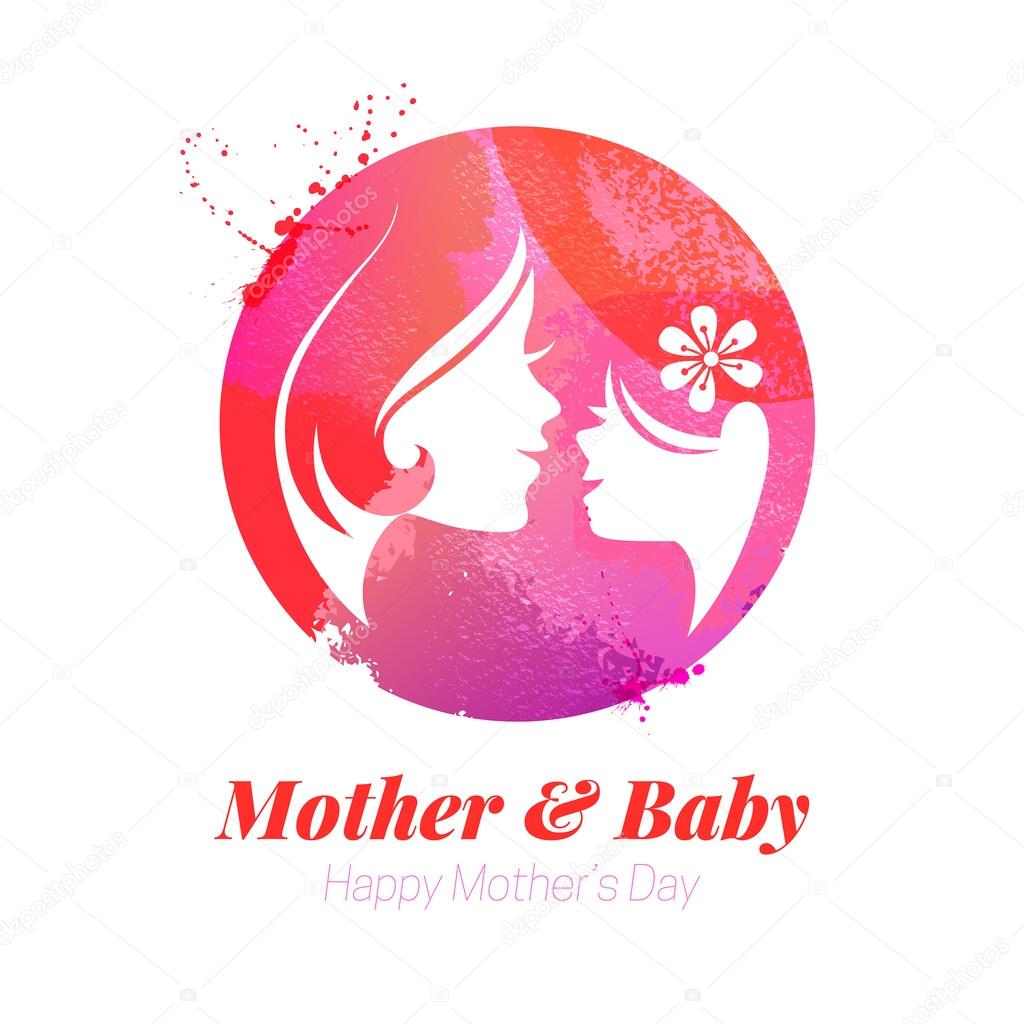 Vector watercolor effect illustration of mother silhouette with her baby. Card of Happy Mothers Day. Logo of beautiful woman and child