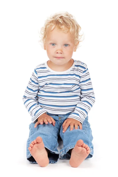 Cabelo encaracolado branco e olhos azuis bebê — Fotografia de Stock
