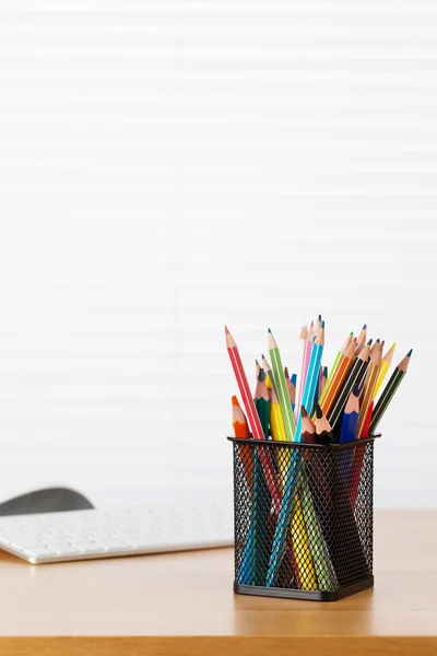 Office workplace with pc and supplies — Stock Photo, Image