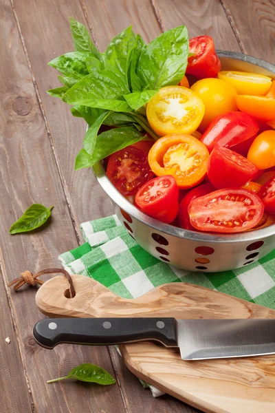 Verse kleurrijke tomaten en basilicum — Stockfoto
