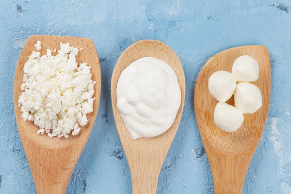 Sour cream, cheese and curd — Stock Photo, Image