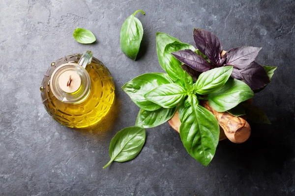 Giardino basilico erbe in malta e olio d'oliva — Foto Stock
