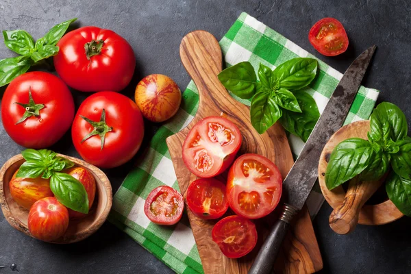 Verse rijpe tuin tomaten en basilicum — Stockfoto