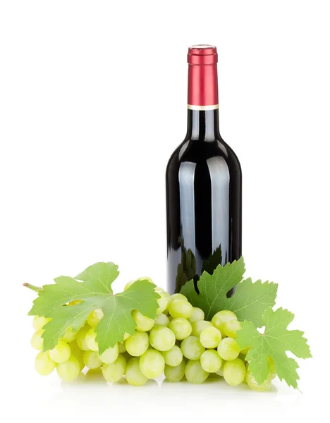 Красная бутылка вина и виноград — стоковое фото