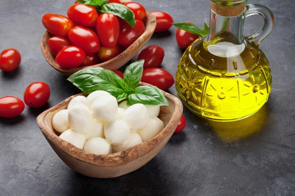 Mozzarella cheese, tomatoes and basil — Stock Photo, Image