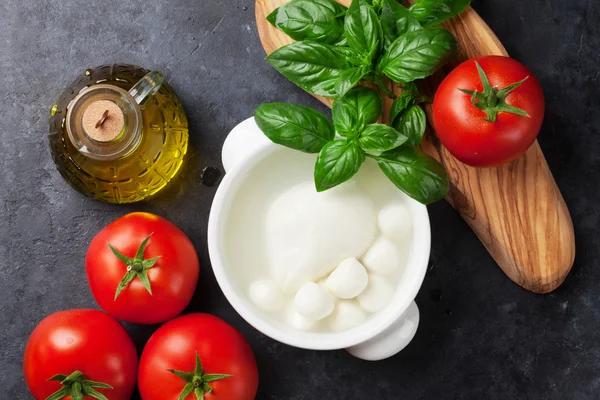 Mozzarella cheese, tomatoes and basil — Stock Photo, Image