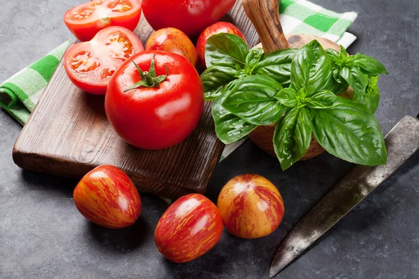 Tomates frescos de jardín maduros y albahaca —  Fotos de Stock